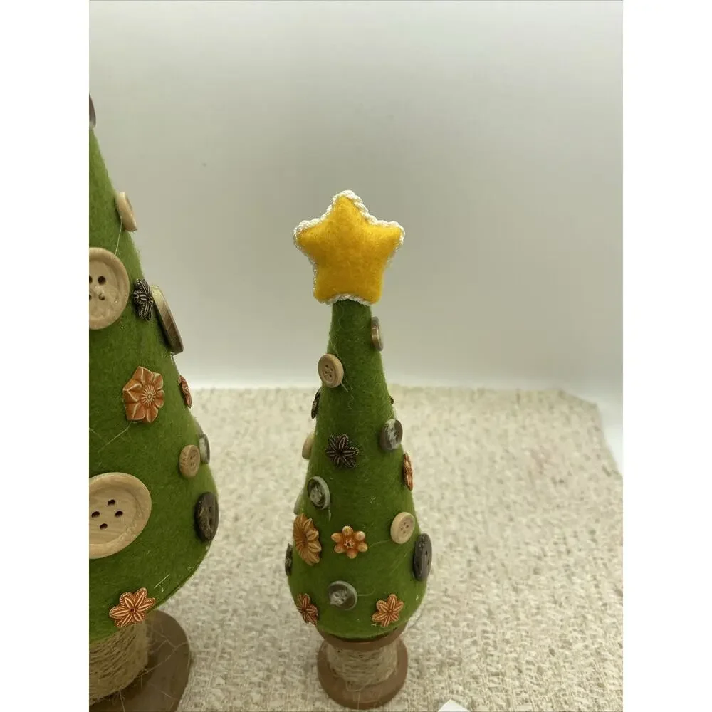 Set Of Two Crafted Button Christmas Trees. Cloth, Buttons, And Wood